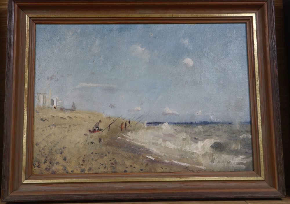 John Doyle, oil on canvas, Fishermen at Dungeness 1976, inscribed verso, 24 x 35cm